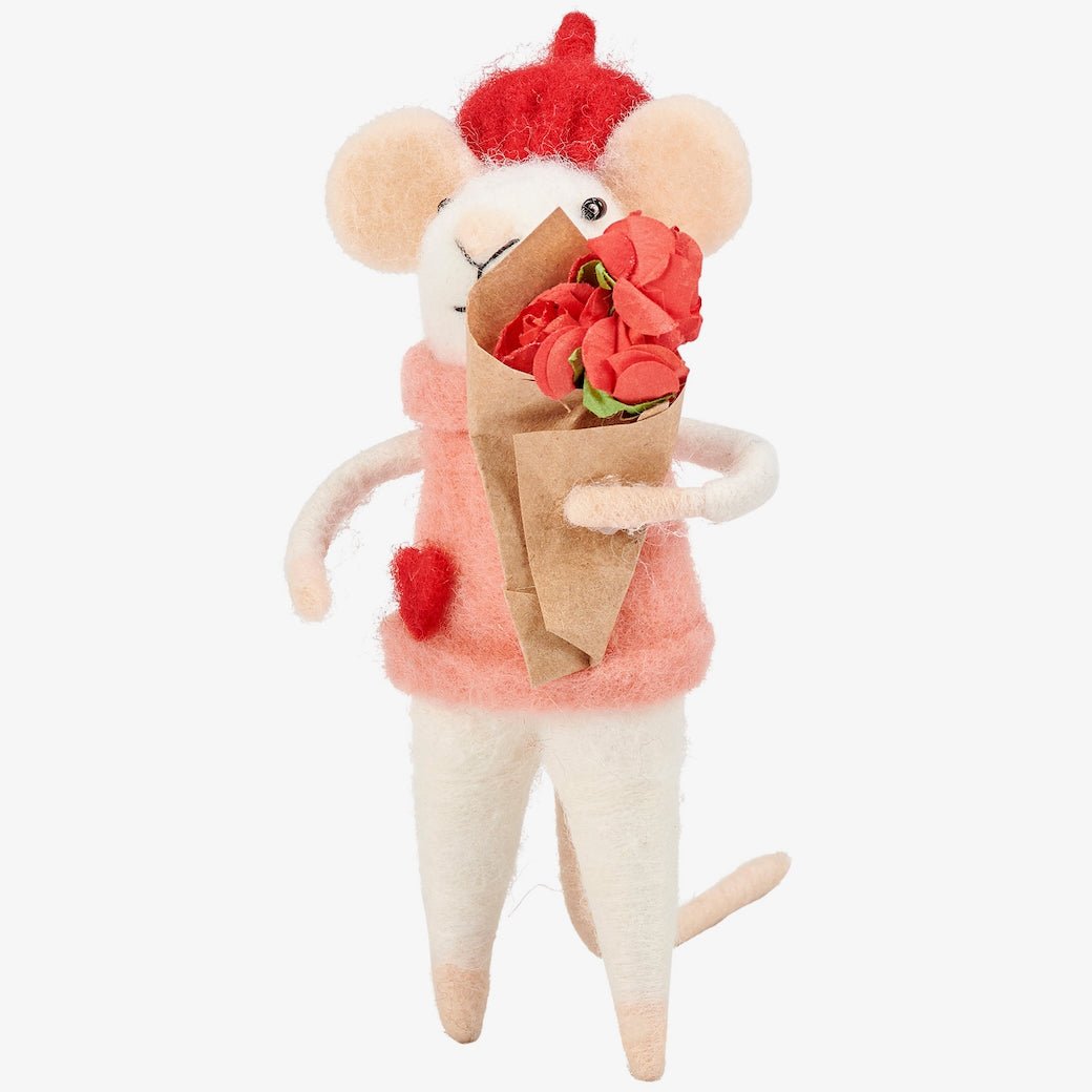 Felt Mouse Critter with Red Rose Bouquet - Marmalade Mercantile