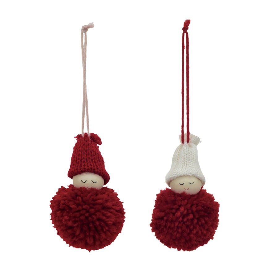 Festive Fabric Pom Pom People Christmas Ornaments (Set of 2) - Marmalade Mercantile