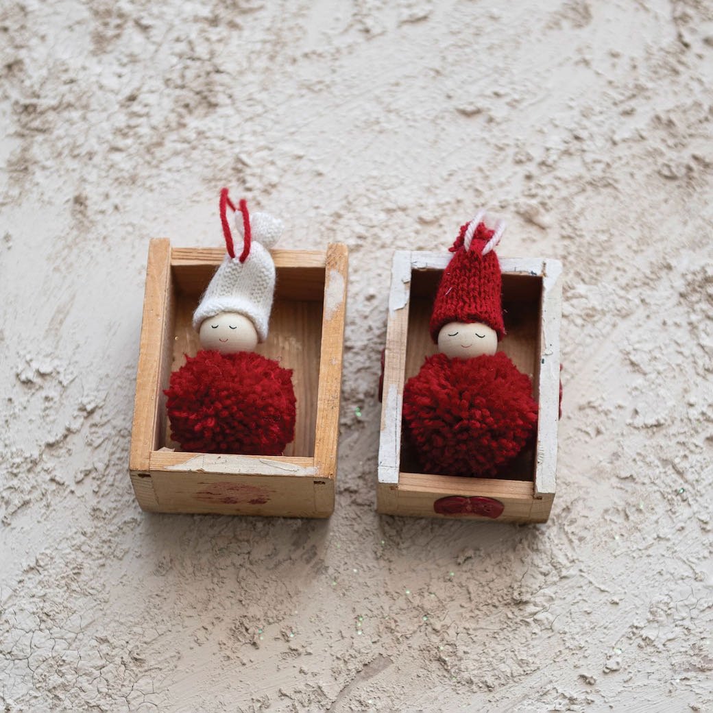 Festive Fabric Pom Pom People Christmas Ornaments (Set of 2) - Marmalade Mercantile