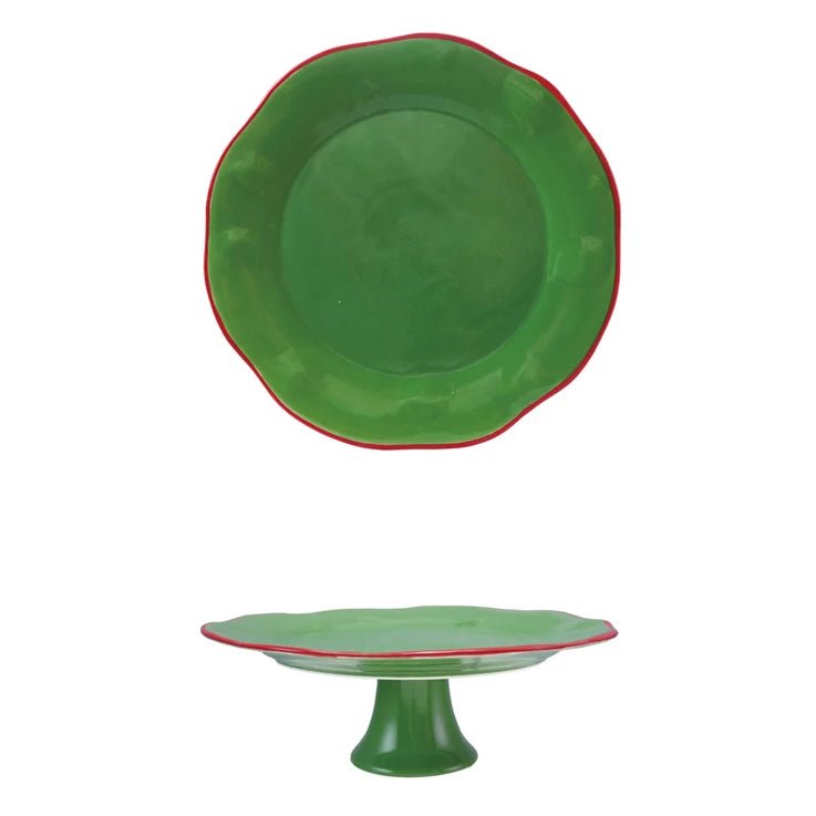 Festive Green Stoneware Pedestal with Scalloped Red Rim - Marmalade Mercantile