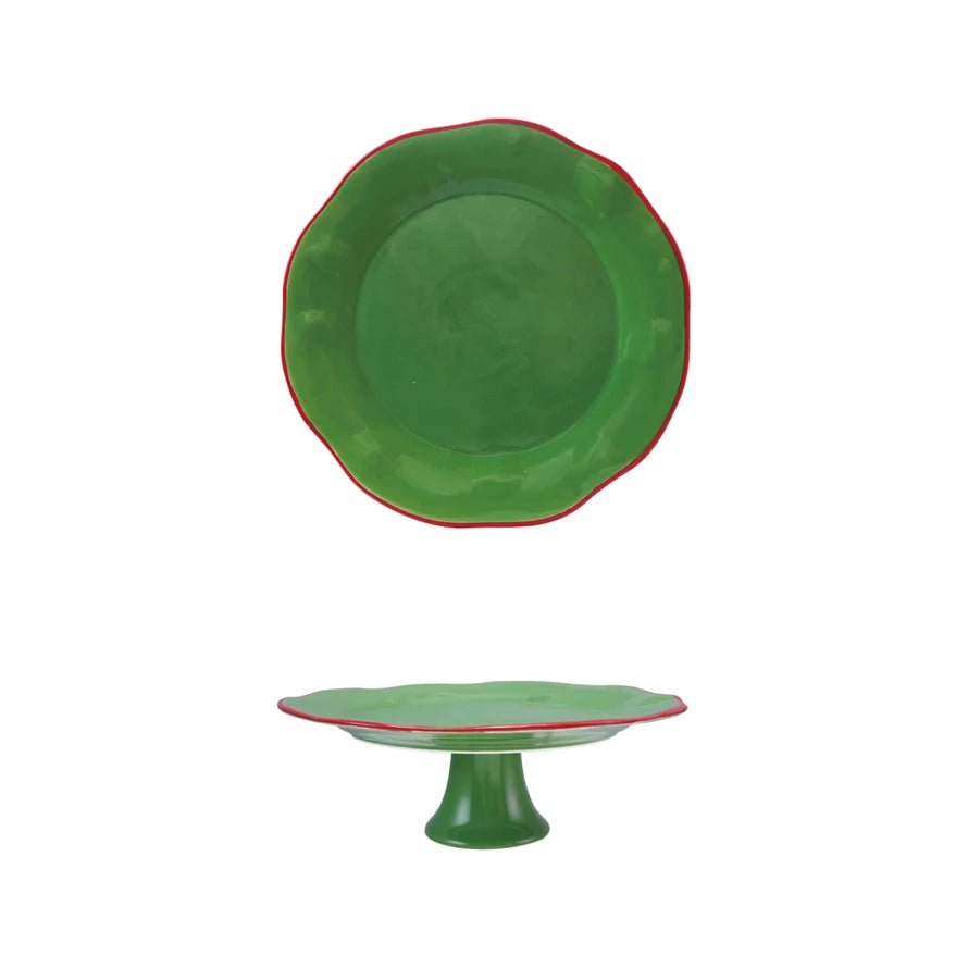 Festive Green Stoneware Pedestal with Scalloped Red Rim - Marmalade Mercantile