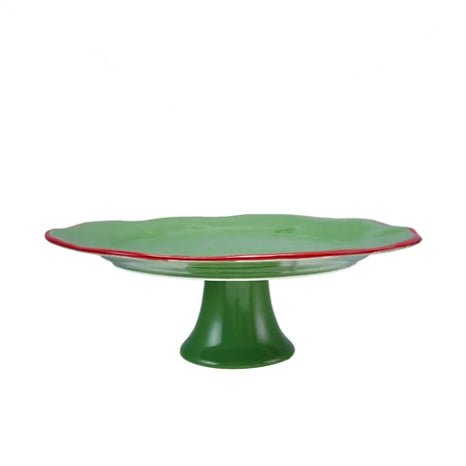 Festive Green Stoneware Pedestal with Scalloped Red Rim - Marmalade Mercantile