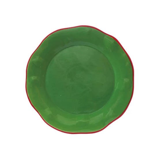 Festive Green Stoneware Pedestal with Scalloped Red Rim - Marmalade Mercantile