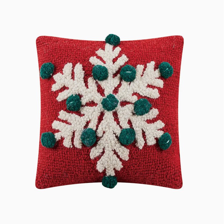 Festive Petite Hooked Rug Snowflake Pillow with Pom Poms - Marmalade Mercantile