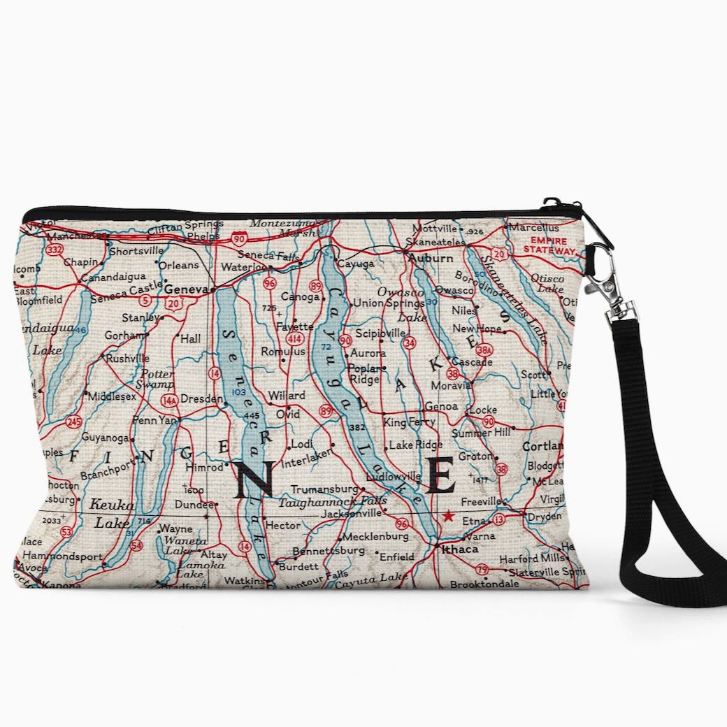 Finger Lakes NY Map Wristlet Zipper Pouch - Marmalade Mercantile