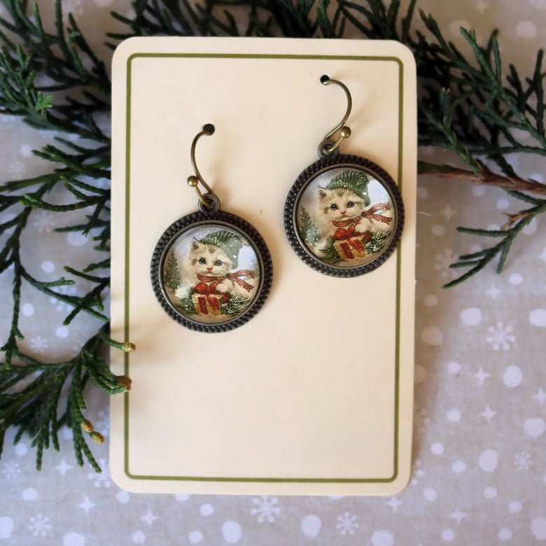 Fluffy Christmas Kitten Earrings for Pierced Ears - Marmalade Mercantile