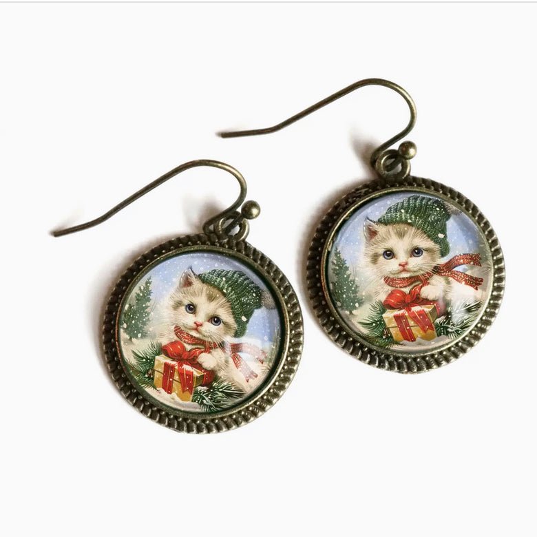 Fluffy Christmas Kitten Earrings for Pierced Ears - Marmalade Mercantile