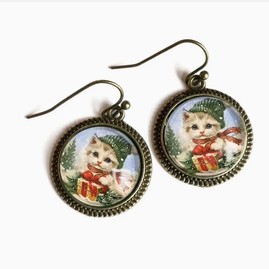 Fluffy Christmas Kitten Earrings for Pierced Ears - Marmalade Mercantile