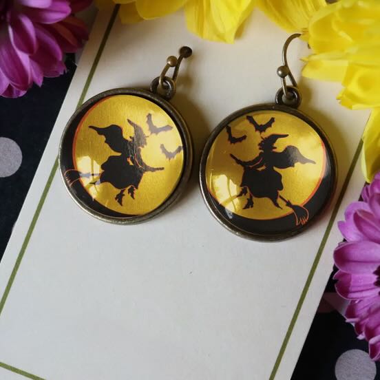 Flying Witch Retro Halloween Glass Cabochon Earrings - Marmalade Mercantile