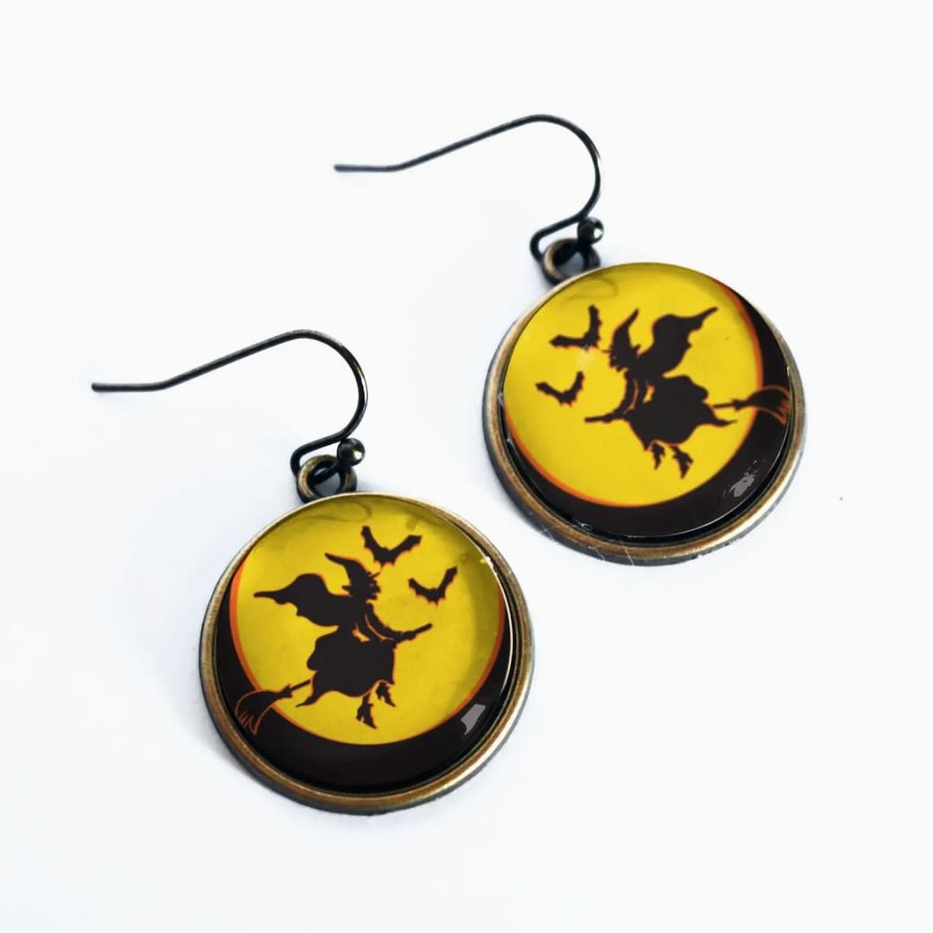 Flying Witch Retro Halloween Glass Cabochon Earrings - Marmalade Mercantile