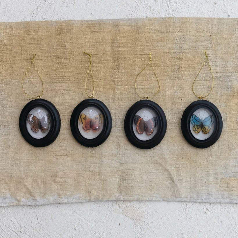 Framed Faux Butterfly Christmas Ornament in Convex Frame CHOICE of Color - Marmalade Mercantile