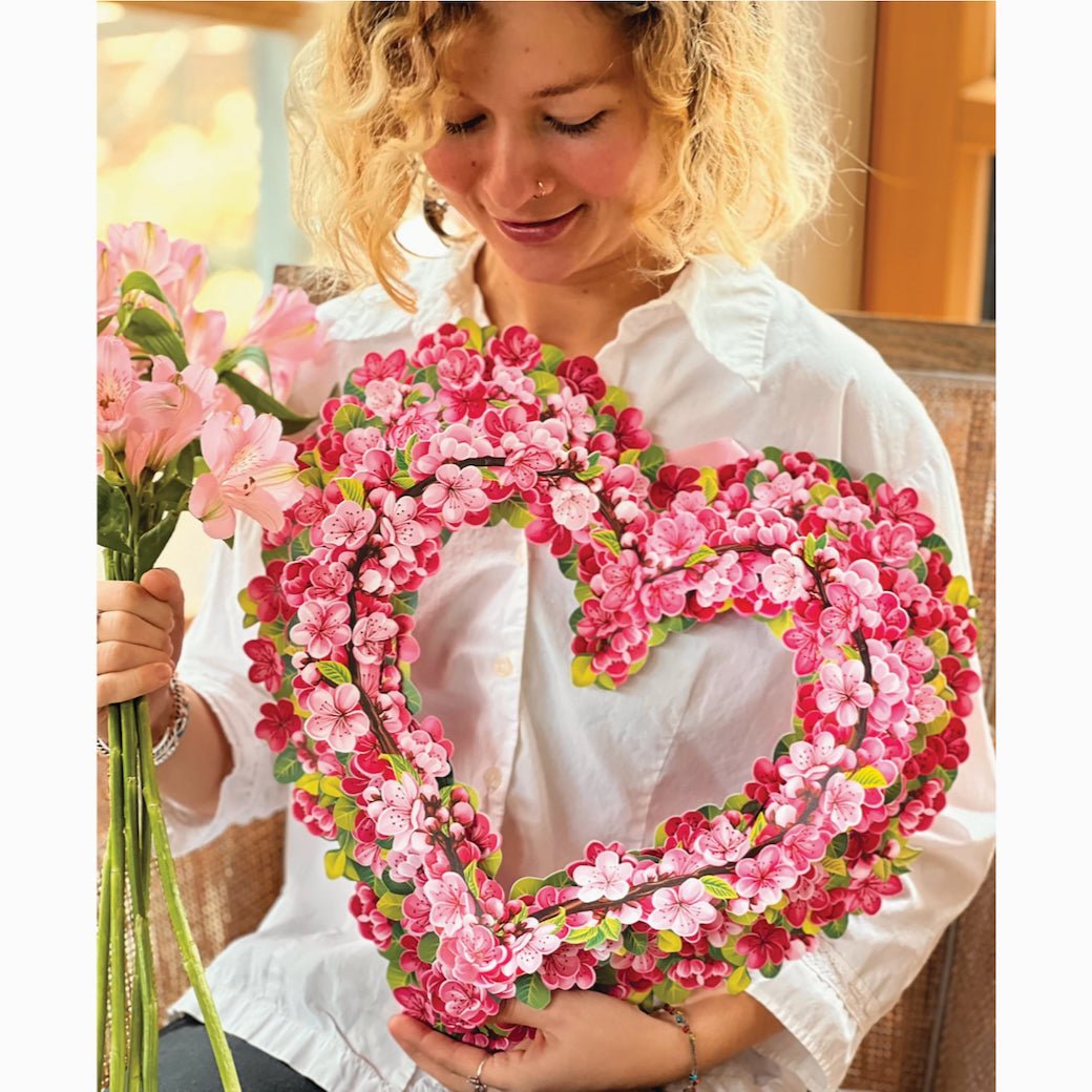 Full Size 3 - D Cherry Blossom Heart Wreath Pop Up Greeting Card - Marmalade Mercantile