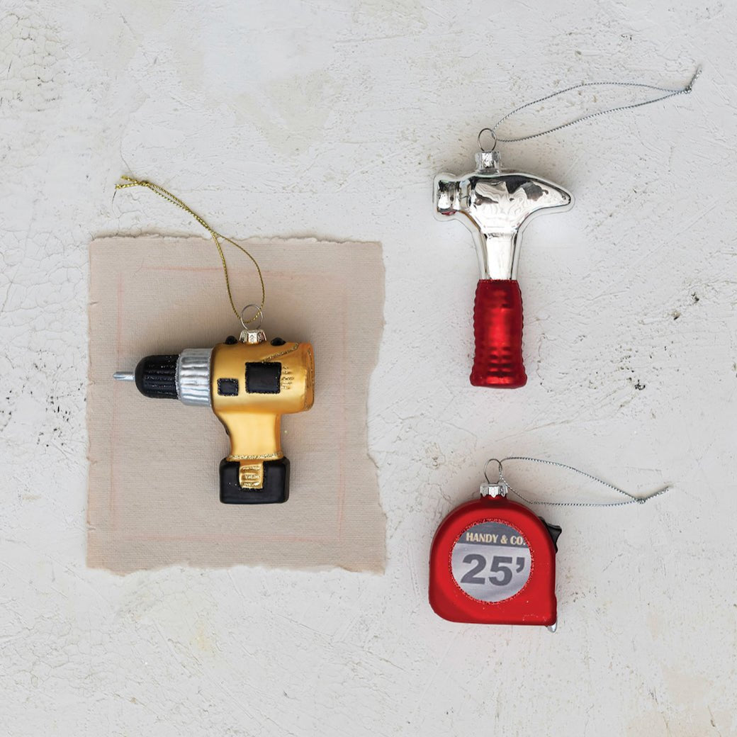 Glass Construction Tool Christmas Ornaments CHOOSE Drill, Tape Measure, Hammer - Marmalade Mercantile