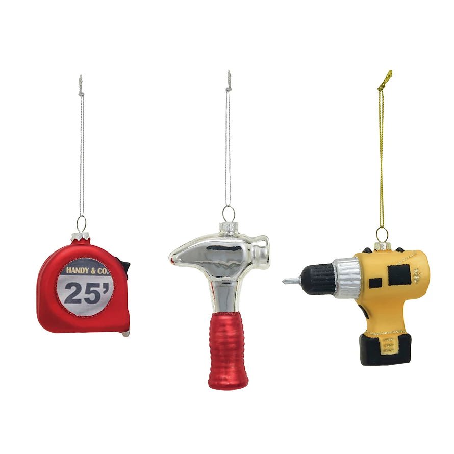 Glass Construction Tool Christmas Ornaments CHOOSE Drill, Tape Measure, Hammer - Marmalade Mercantile