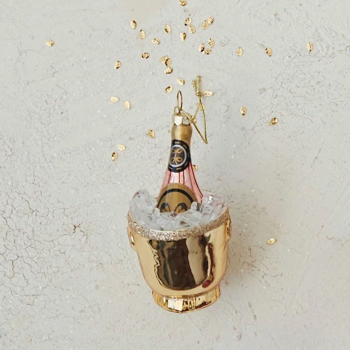 Glass Ice Bucket w Pink Champagne Bottle Ornament - Marmalade Mercantile