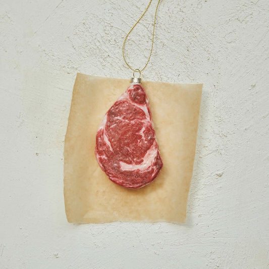 Glass Rib Eye Steak Ornament w Glitter - Marmalade Mercantile