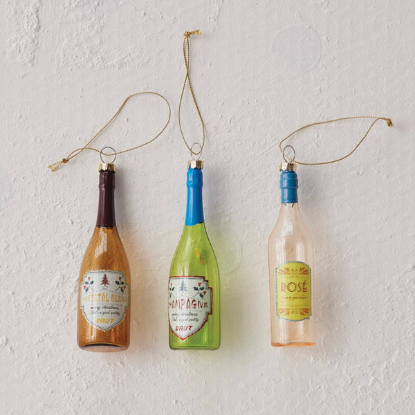 Glittered Glass Wine Bottle Ornament CHOICE of Three Styles