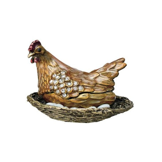 Gorgeous Enameled Metal Hen On Nest Trinket Box - Marmalade Mercantile