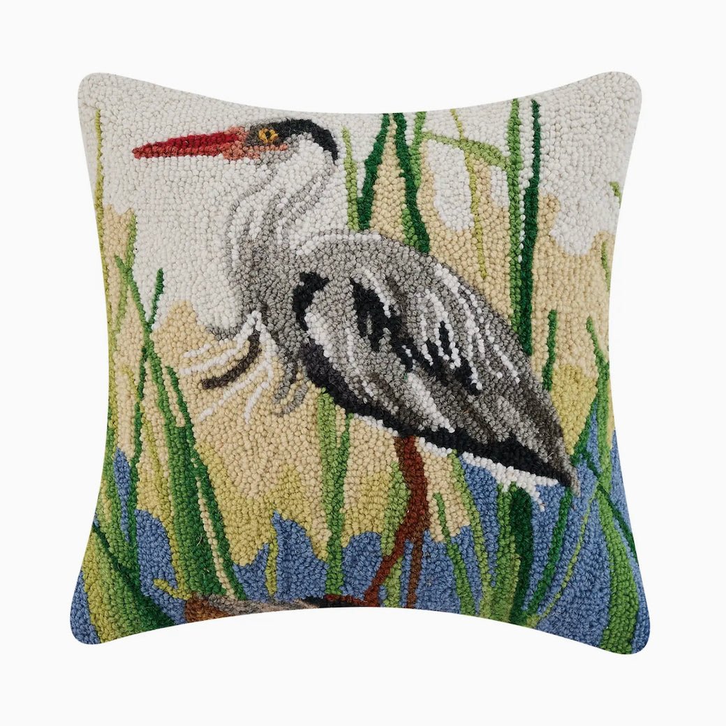 Great Blue Heron Hooked Rug Pillow - Marmalade Mercantile