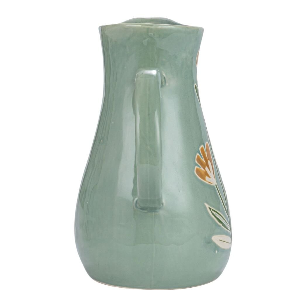 Green Stoneware Pitcher with Wax Relief Flower Pattern - Marmalade Mercantile