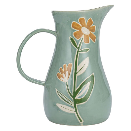 Green Stoneware Pitcher with Wax Relief Flower Pattern - Marmalade Mercantile