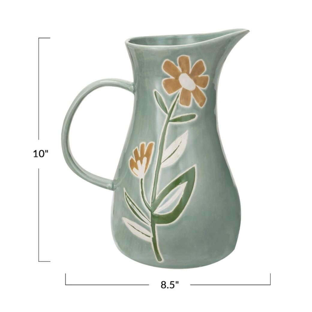 Green Stoneware Pitcher with Wax Relief Flower Pattern - Marmalade Mercantile