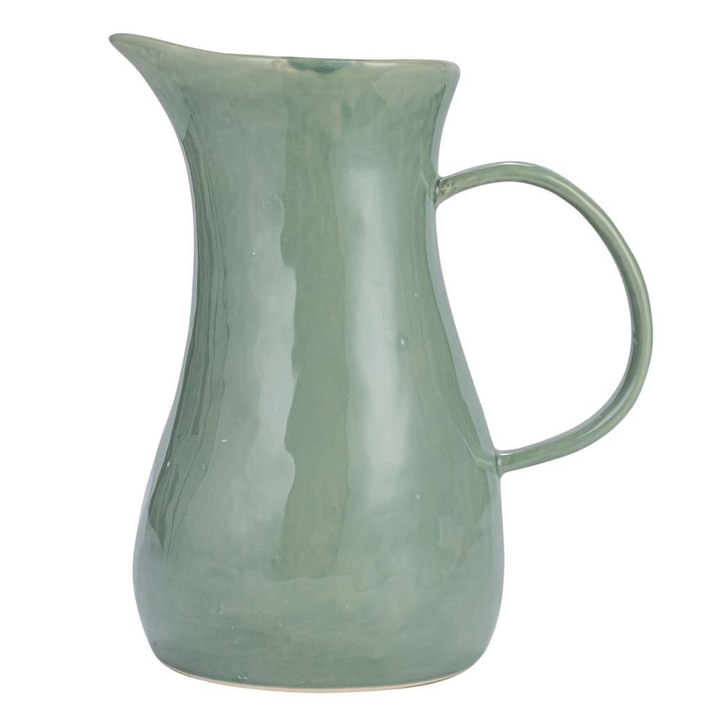 Green Stoneware Pitcher with Wax Relief Flower Pattern - Marmalade Mercantile