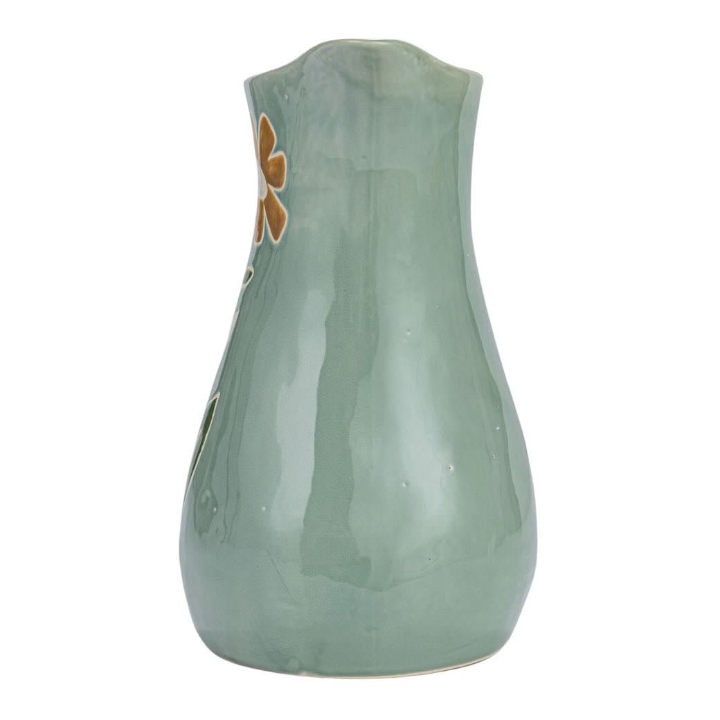 Green Stoneware Pitcher with Wax Relief Flower Pattern - Marmalade Mercantile