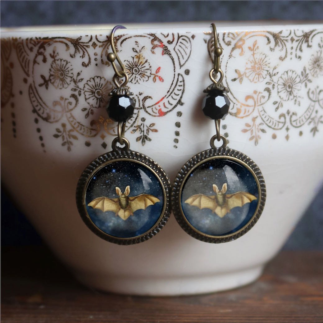 Halloween Bat Starry Night Sky Earrings for Pierced Ears - Marmalade Mercantile