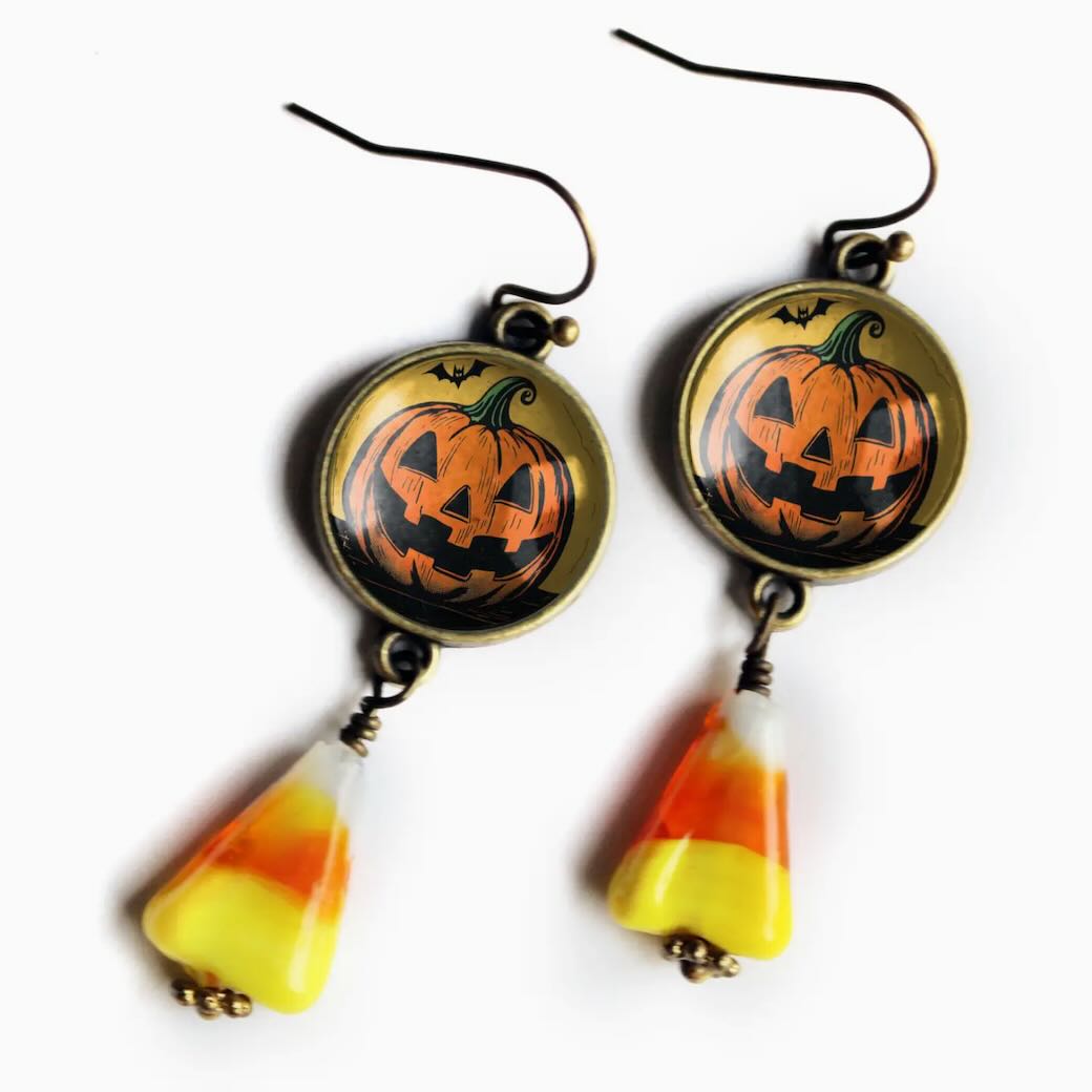 Halloween Jack O Lantern Pierced Earrings Glass Candy Corn Bead - Marmalade Mercantile