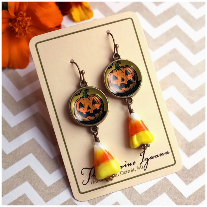 Halloween Jack O Lantern Pierced Earrings Glass Candy Corn Bead - Marmalade Mercantile