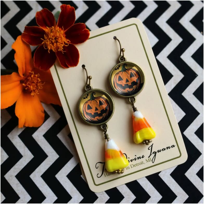 Halloween Jack O Lantern Pierced Earrings Glass Candy Corn Bead - Marmalade Mercantile