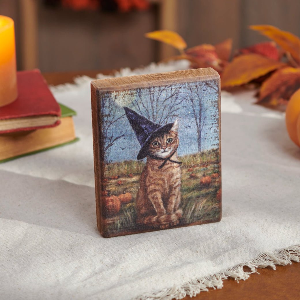Halloween Tabby Cat Witch Rustic Wooden Block Sign - Marmalade Mercantile