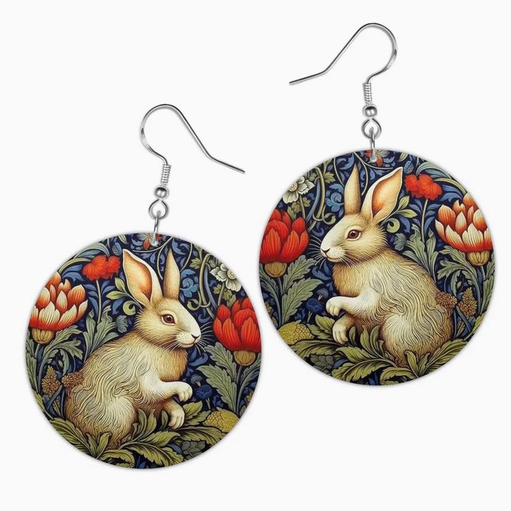 Hand - Made William Morris White Rabbit Earrings for Pierced Ears - Marmalade Mercantile