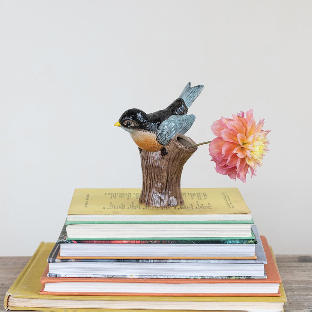 Hand - Painted Bud Vase Vintage - Style Stoneware Bird on a Log - Marmalade Mercantile