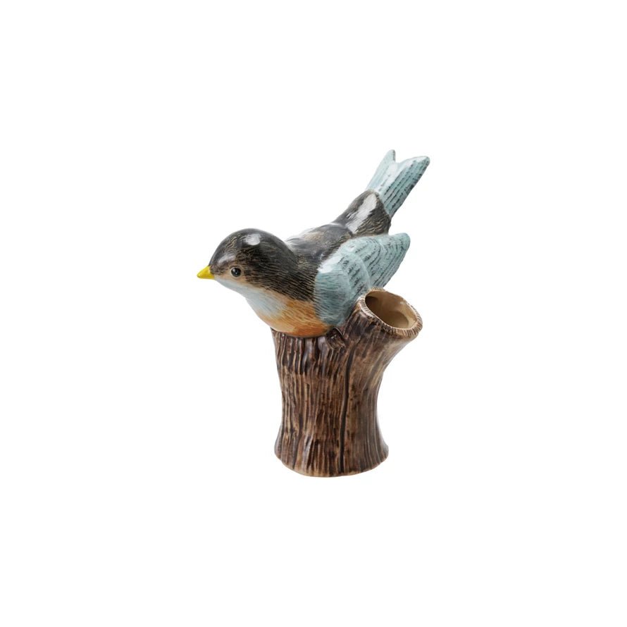 Hand - Painted Bud Vase Vintage - Style Stoneware Bird on a Log - Marmalade Mercantile