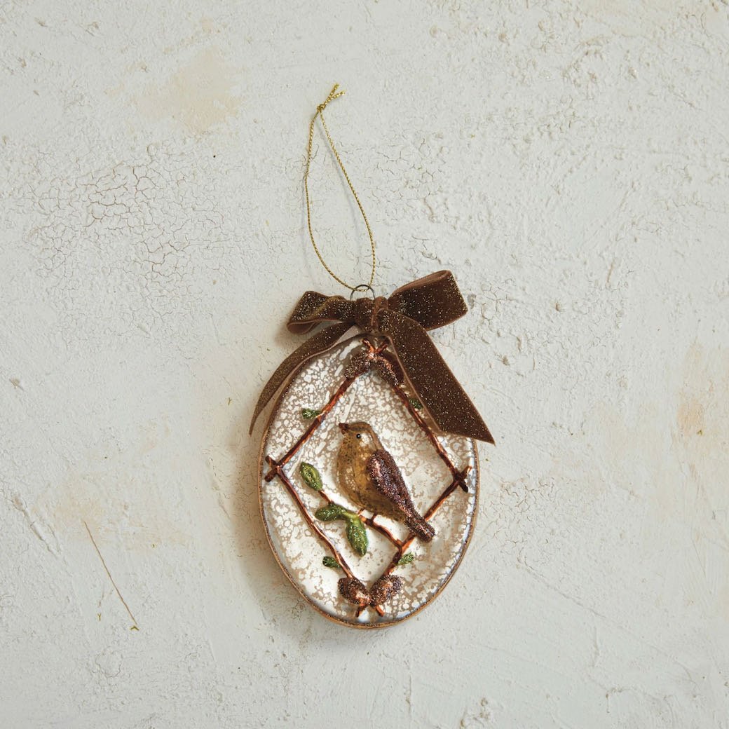 Hand - Painted Glass Bird Christmas Ornament with Velvet Ribbon - Marmalade Mercantile