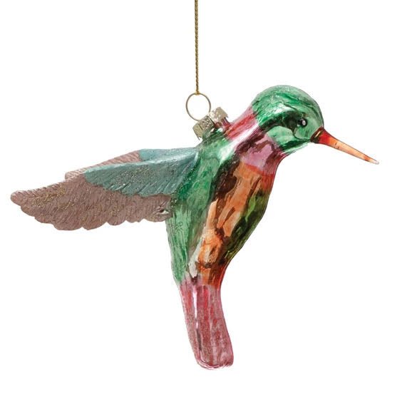 Hand - Painted Glass Hummingbird Christmas Ornament w Glitter - Marmalade Mercantile