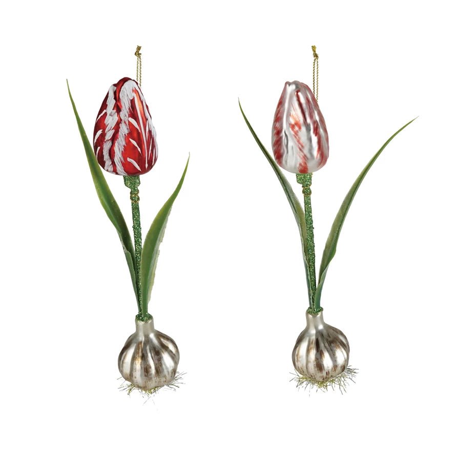 Hand-Painted Glass Tulip Bulb Ornament w Faux Leaves & Glitter, CHOICE of 2 Styles - Marmalade Mercantile