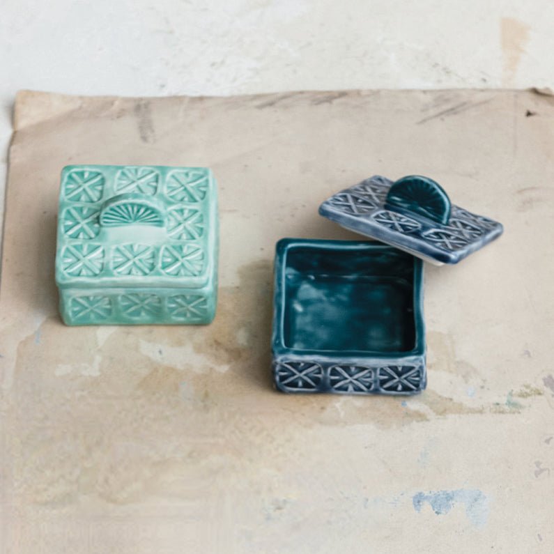 Hand - Painted Hand - Stamped Stoneware Salt Cellar w Lid CHOICE of Colors - Marmalade Mercantile