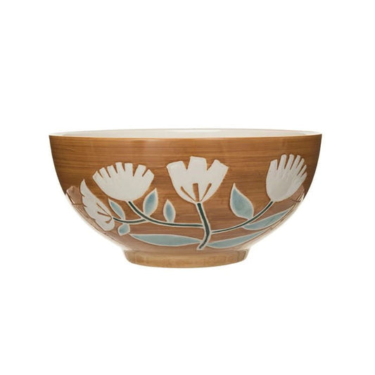Hand - Painted Stoneware Bowl with Wax Relief Flowers - Marmalade Mercantile