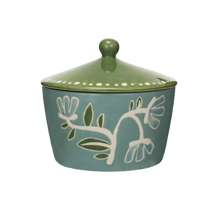 Hand - Painted Stoneware Canister with Wax Relief Flowers - Marmalade Mercantile