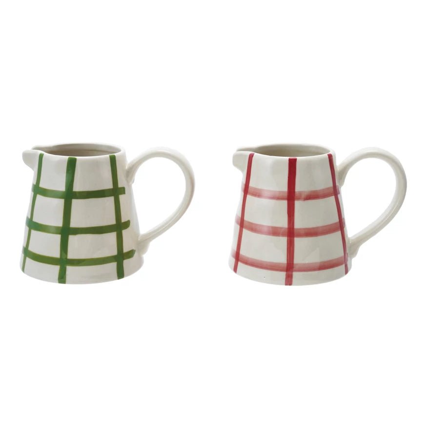 Hand - Painted Stoneware Creamer with Festive Grid Pattern CHOICE of Colors - Marmalade Mercantile