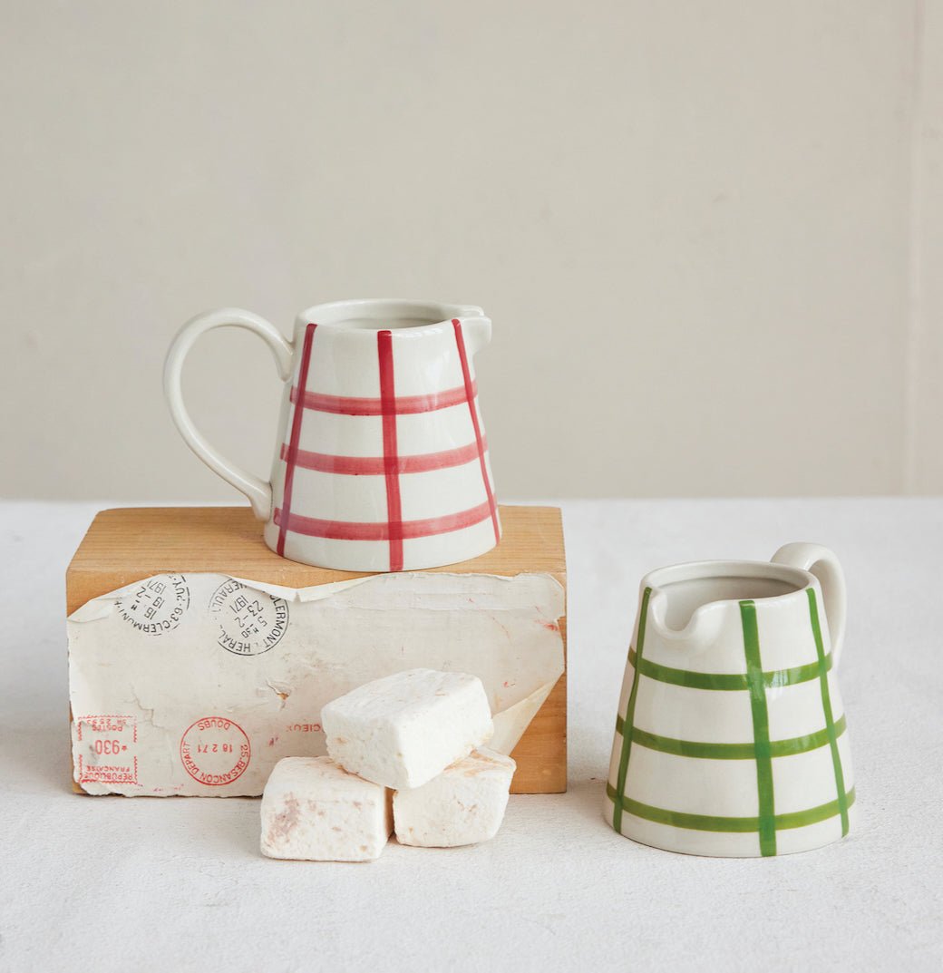 Hand - Painted Stoneware Creamer with Festive Grid Pattern CHOICE of Colors - Marmalade Mercantile