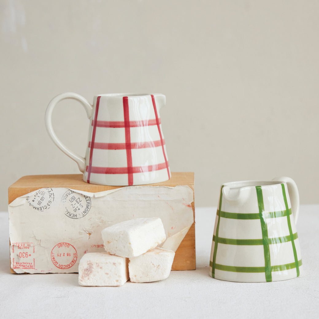 Hand - Painted Stoneware Creamer with Festive Grid Pattern CHOICE of Colors - Marmalade Mercantile