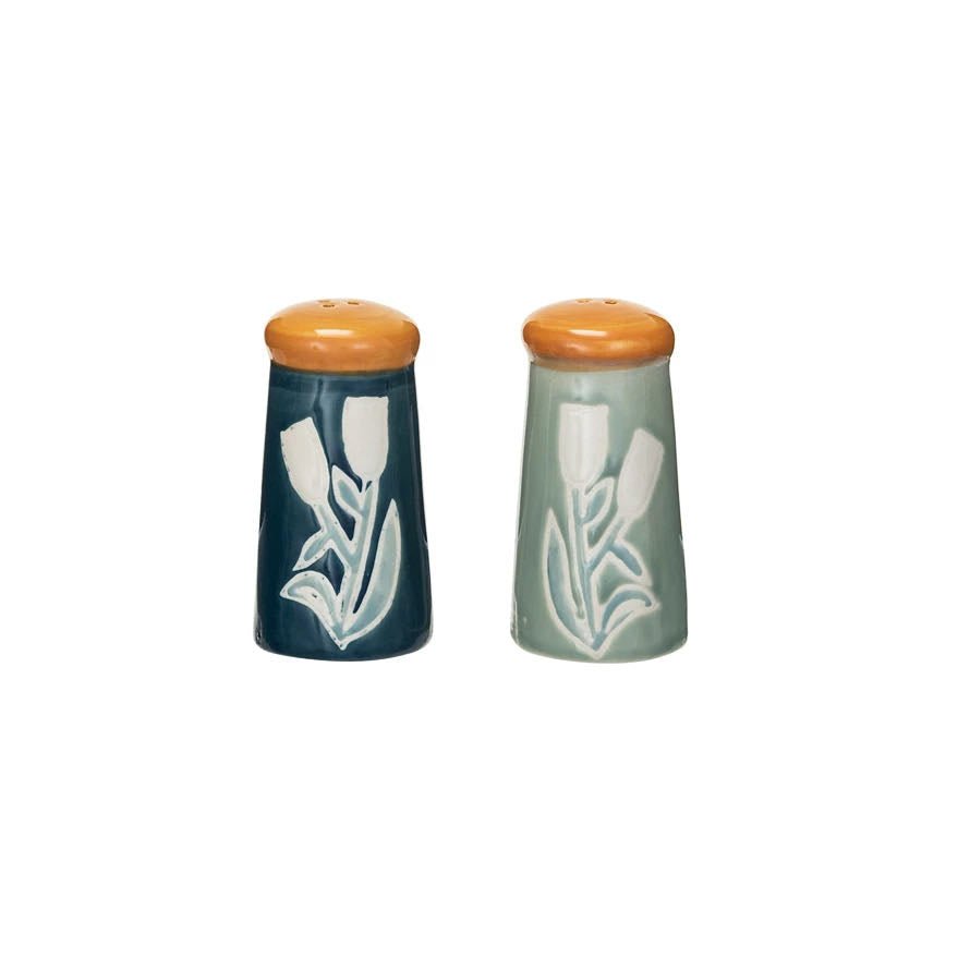 Hand - Painted Stoneware Salt & Pepper Shakers with Wax Relief Flowers - Marmalade Mercantile