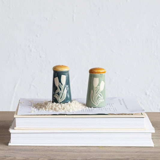 Hand - Painted Stoneware Salt & Pepper Shakers with Wax Relief Flowers - Marmalade Mercantile