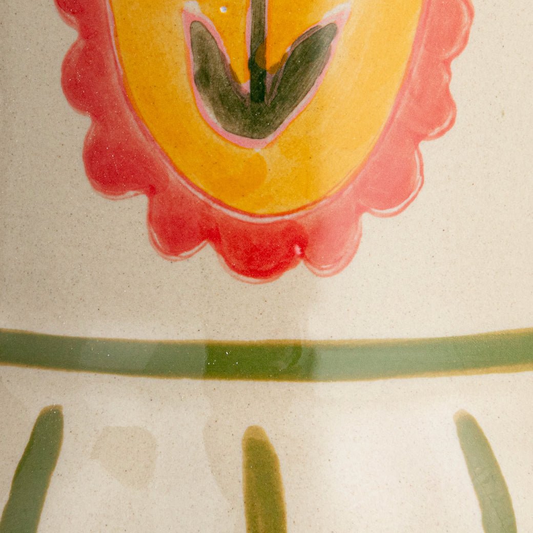 Hand - Painted Stoneware Urn Vase w Flower, Stripes & Handles - Marmalade Mercantile