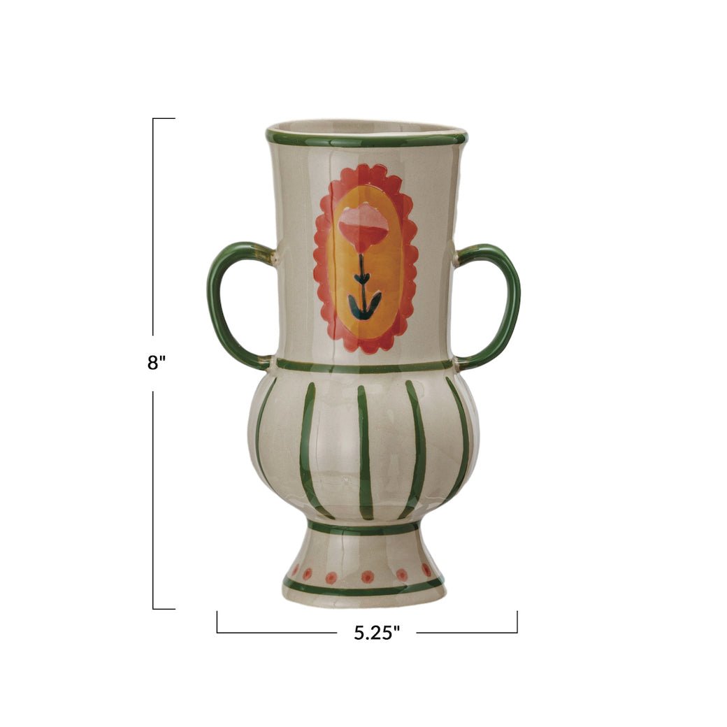 Hand - Painted Stoneware Urn Vase w Flower, Stripes & Handles - Marmalade Mercantile