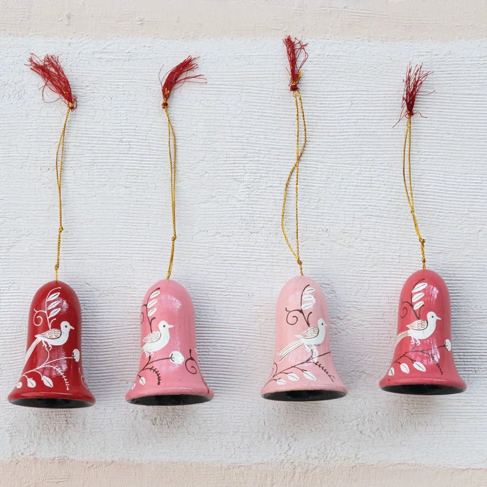 Hand - Painted Wooden Bell Ornament with Bird CHOICE of Color - Marmalade Mercantile